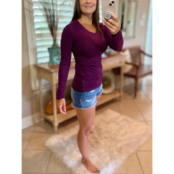 Round Neck Slimming Long Sleeve Cotton Top Eggplant 2519 - Picture 3 of 5